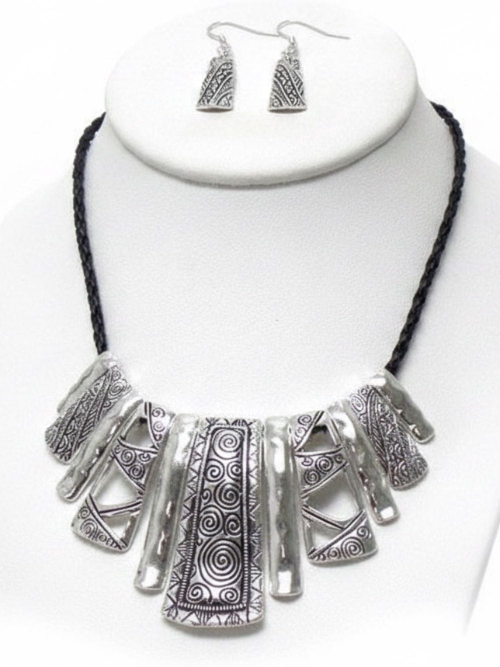 Womens Antique Silver Metal Black Cord Necklace Earring Set